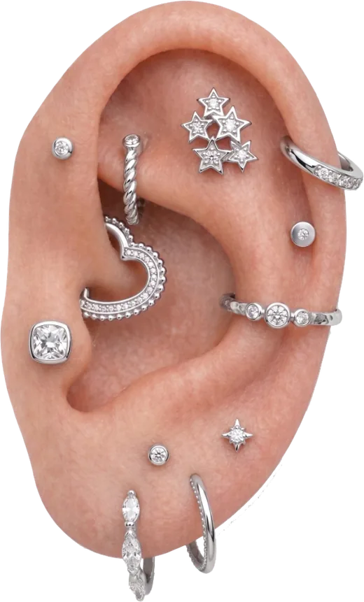 Orelha com piercings e joias prateadas